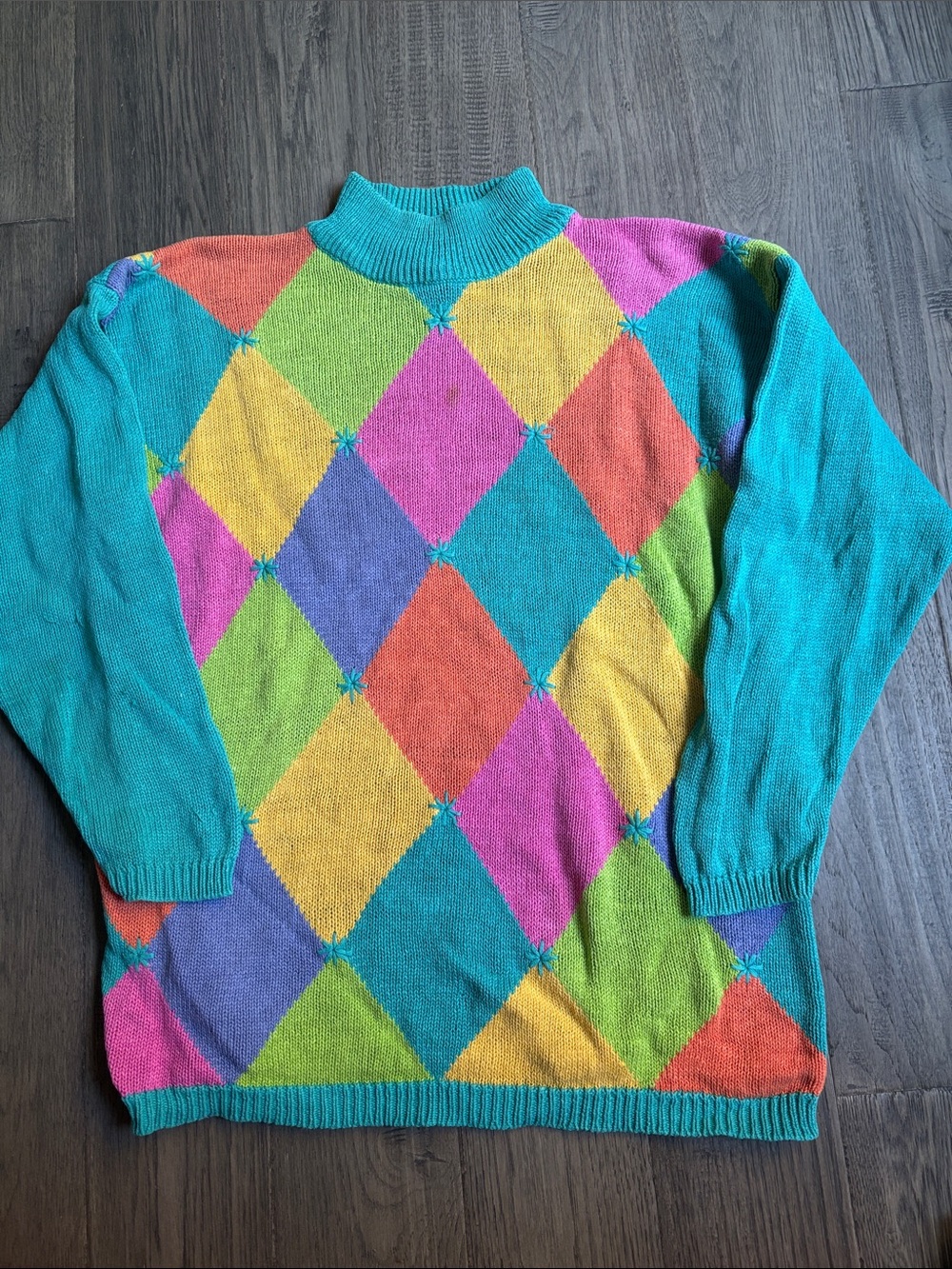 Santoria | Vintage Argyle Mock Neck Sweater Teal Multicolour Block Size Small